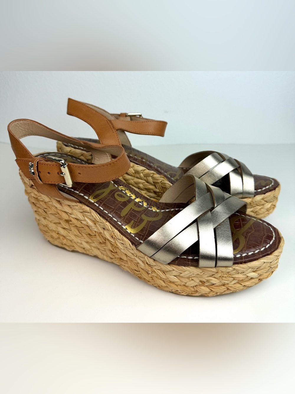 Sam Edelman Darline Strappy Platform Wedge Sandal Espadrille Metallic Leather